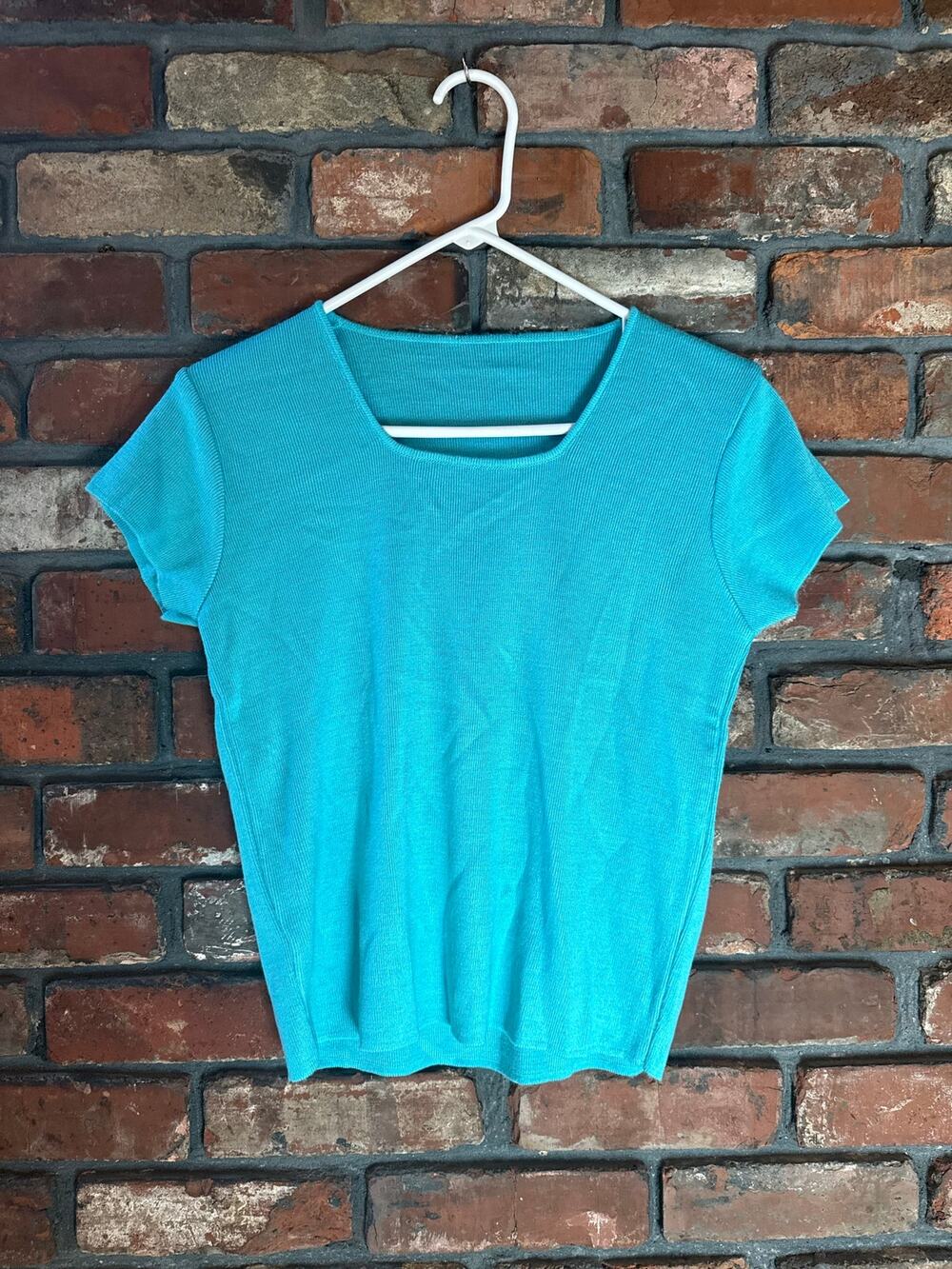 Vintage Turquoise Ribbed Knit Top Square Neck Short Sleeve Made in Italy Tee